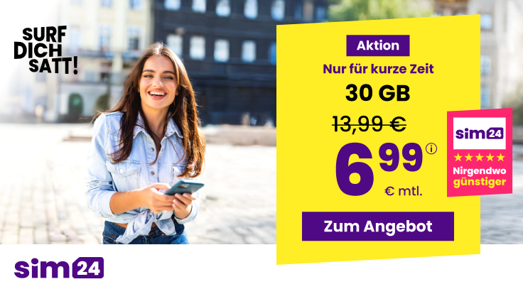 Monatlich kündbar | 5G-Netz | 1&1- & Vodafone-Netz | Telefonie- und SMS-Flat | VoLTE & WLAN Call | SIM24 2 SIM24 von Drillisch - Wechselnde Angebote